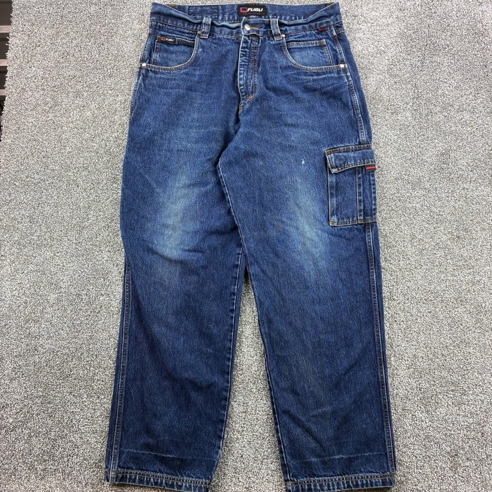 Vintage Y2K FUBU Cargo Jeans Mens 36 Blue Carpenter Distressed Wide Leg‎ Baggy